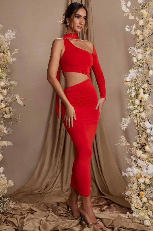 Elegant evening wear for special events   Single Sleeve Cut Out Maxi Dress in Red