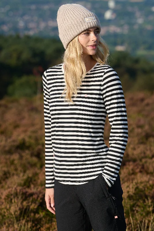 Versatile outfits to transition from day to night   On The Go Bamboo Long Sleeve Tee - Black and White Stripe