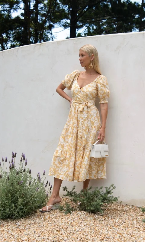 Refresh your wardrobe with trendy women’s apparel   Lila Floral Linen Wrap Midi Dress