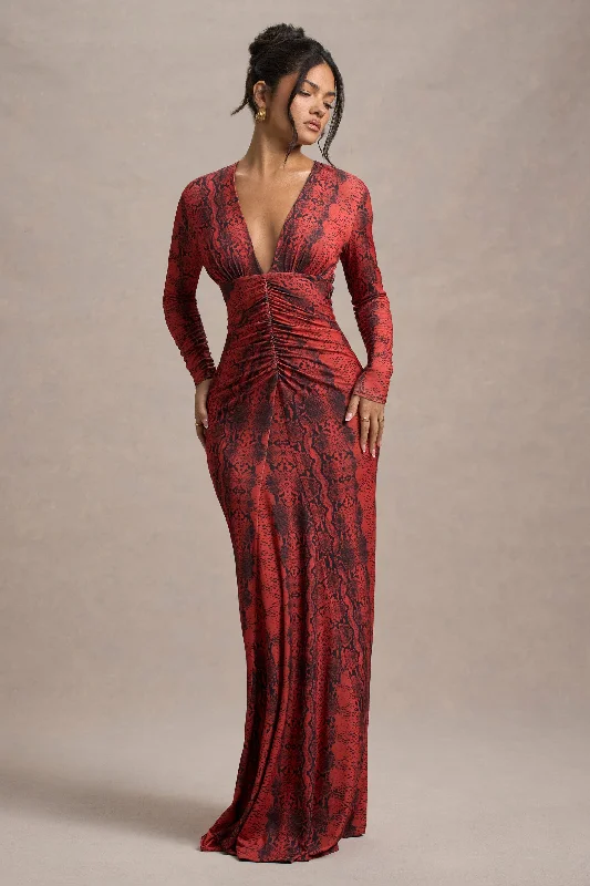 Dress to impress with elegant women’s wear   Mamba | Red Snake Print Plunge-Neck Long-Sleeve Maxi Dress