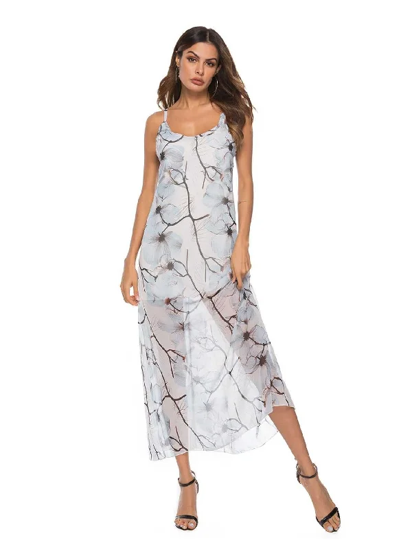 Step up your style with trendy women’s clothing   KittenAlarm - Print Sheer Mesh Maxi Cami Dress With Lining Without Lingerie