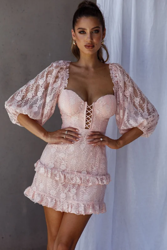 Designer-inspired women’s fashion at affordable prices   Hemingway Criss-Cross Bust Balloon Sleeve Frill Trim Lace Dress Blush