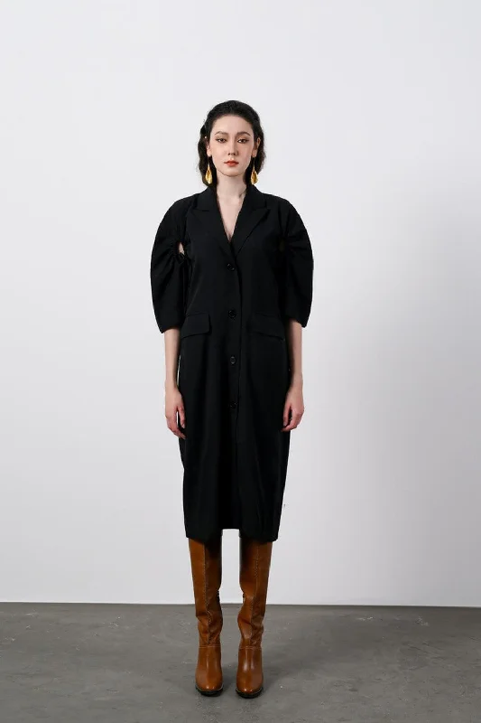 Sleek and sophisticated fashion for modern women Sawyer Pegged Notch Lapel Cotton Midi Dress Sleek and sophisticated fashion for modern women Sawyer Pegged Notch Lapel Cotton Midi Dress