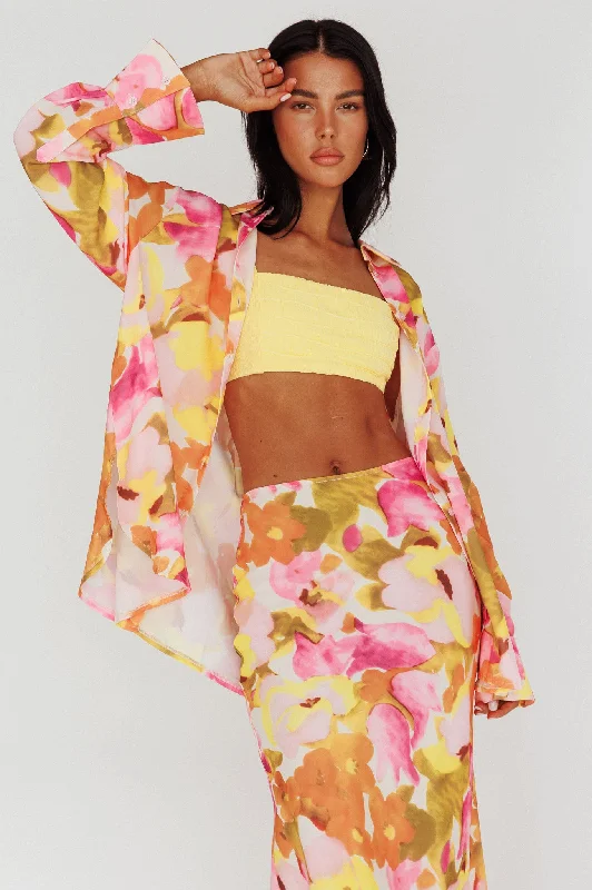 Sleek and sophisticated fashion for modern women   Vacation Long Sleeve Flared Cuff Shirt Pink/Yellow