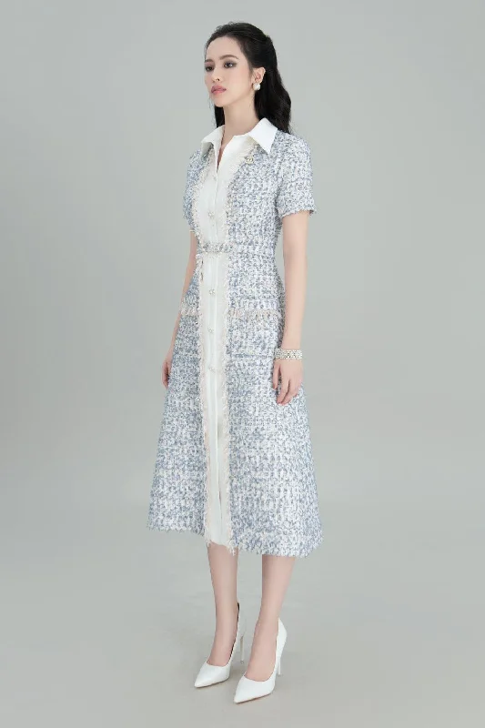 Refresh your closet with chic and comfy styles Yuki A-line Short Sleeved Tweed Midi Dress Refresh your closet with chic and comfy styles Yuki A-line Short Sleeved Tweed Midi Dress
