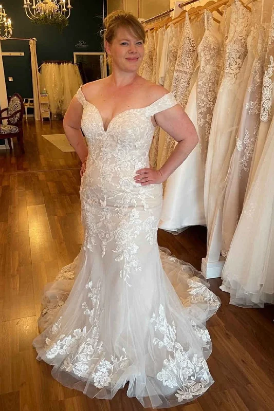 Sporty-chic women’s apparel for active lifestyles   Plus Size Off the Shoulder White Mermaid Wedding Gown