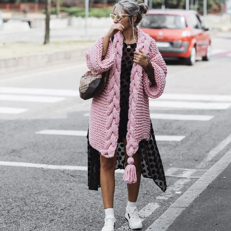 The ultimate guide to stylish women’s fashion   Luxury Fringed Side Slit Long Sleeve Cable Knit Cardigan - Pink