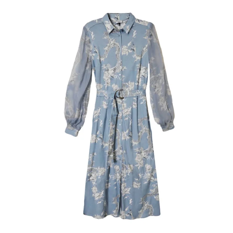 Sporty-chic women’s apparel for active lifestyles   Dragon Print Kora Midi Shirt Dress In Blue