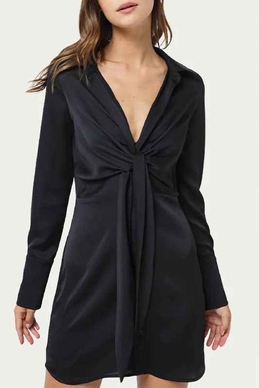Bold and beautiful clothing for every woman   Tie-Front Satin Shirt Dress in Black
