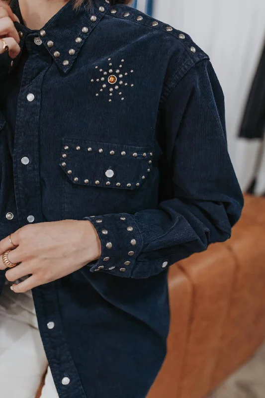 Effortlessly chic outfits for the modern woman   Upcycled Corduroy Shirt With Studs In Blue