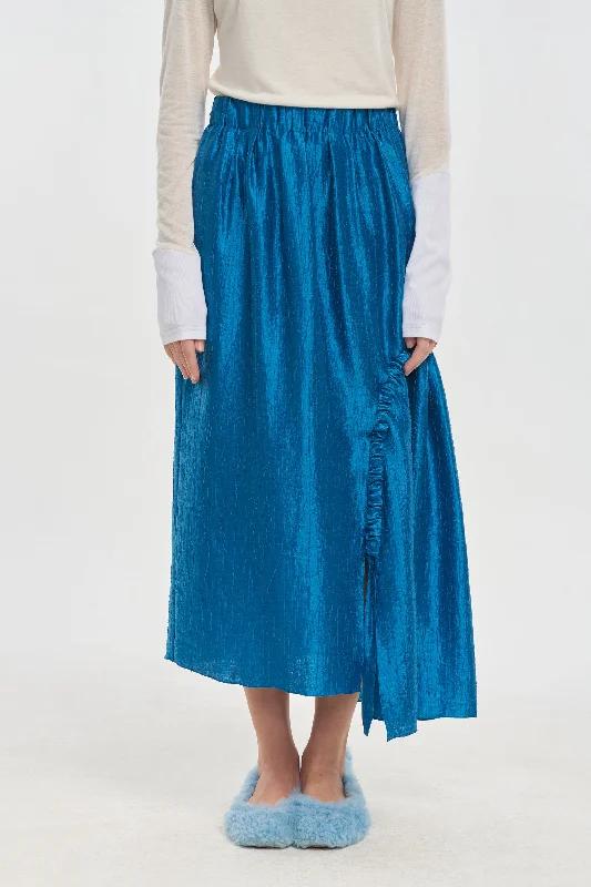 Timeless women’s fashion for any occasion   Blue sapphire asymmetric skirt with rouching