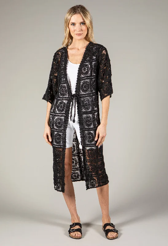 Elegant casual clothing for modern women   Tie Front Longline Crochet Cardigan