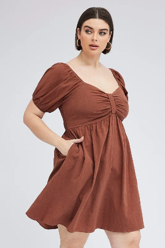 Women’s clothing that combines comfort and style   Brown Mini Dress Tab Front Pockets