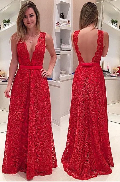 Discover the latest trends in women’s fashion   A-Line Deep V-Neck Illusion Back Long Red Lace Prom Dress with Sash  cg5710