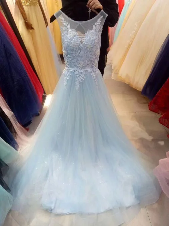 Fashionable clothing that fits every occasion   Light Blue Lace Applique Long Formal prom Dress 2020, Blue Evening Gowns  cg5675