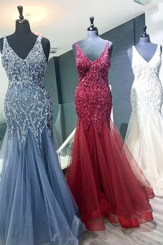 Elegant and comfortable women’s fashion wear   Mermaid V Neck Straps Tulle Long Prom Dresses  cg5779