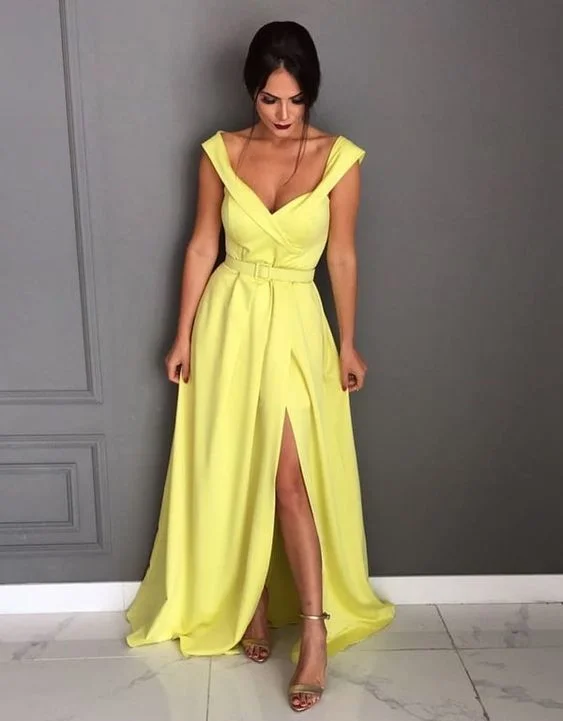 Dress up or down with these versatile pieces   Yellow Prom Dress With Slit , Off The Shoulder Formal Dress  cg5717