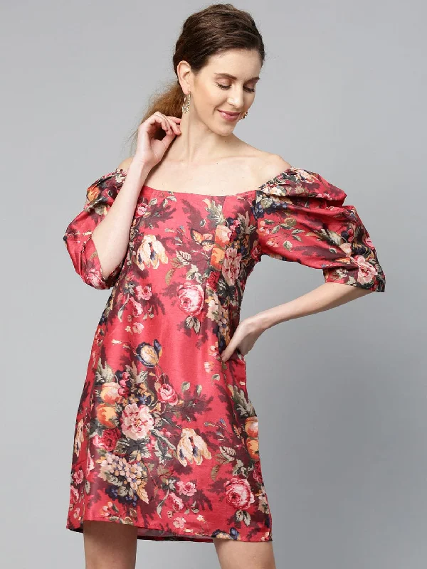 Elevate your style with fashionable women’s clothing   Red Floral Puff Sleeve Shift Dress