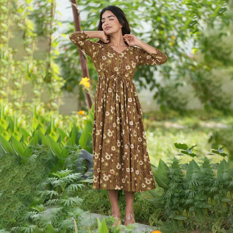 Affordable fashion that looks high-end   Cotton Handblock Printed Dress | Floral Pattern | Brown